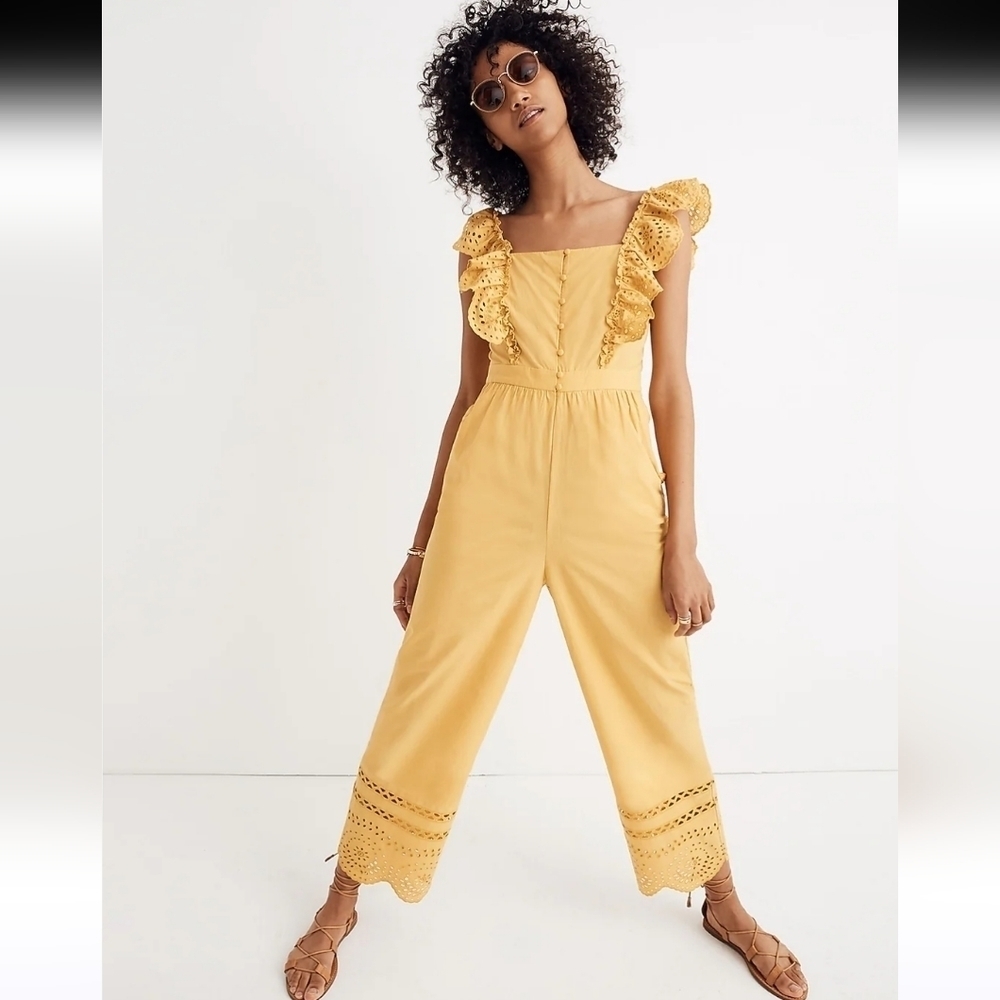 Madewell Eyelet Frilled-Strap Jumpsuit Yellow Size 6